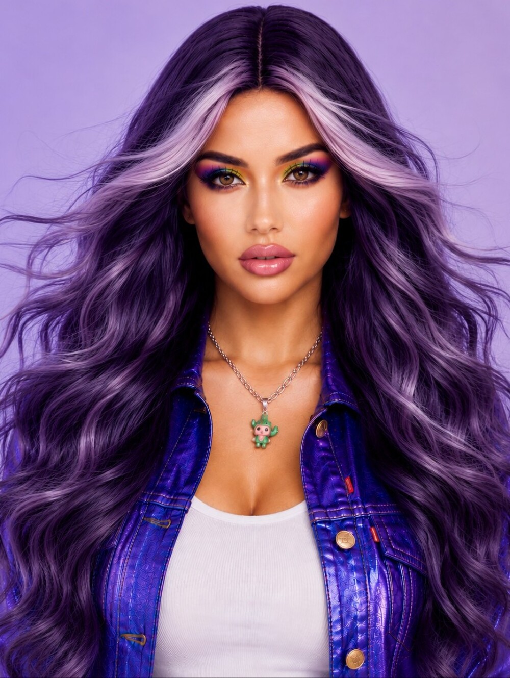 28"  Purple Violet Long Wavy Wig | Middle Part | Heat Resistant Hair